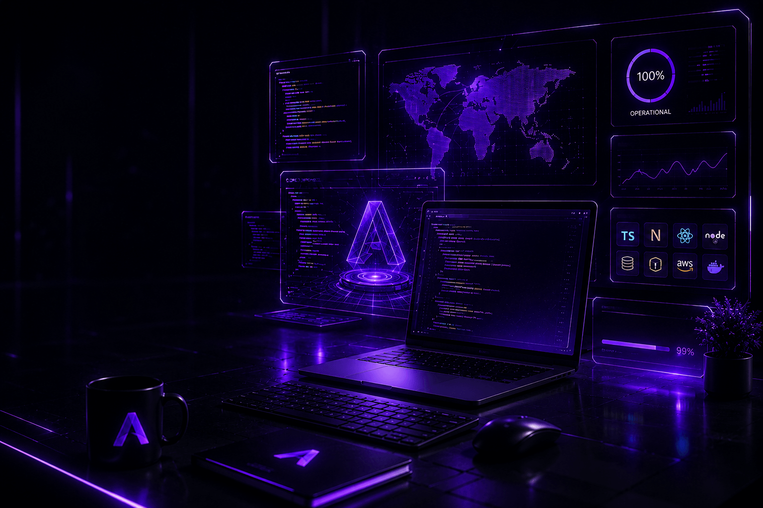 Setup de trabalho da Ápice One com painéis tecnológicos e o símbolo A em neon roxo